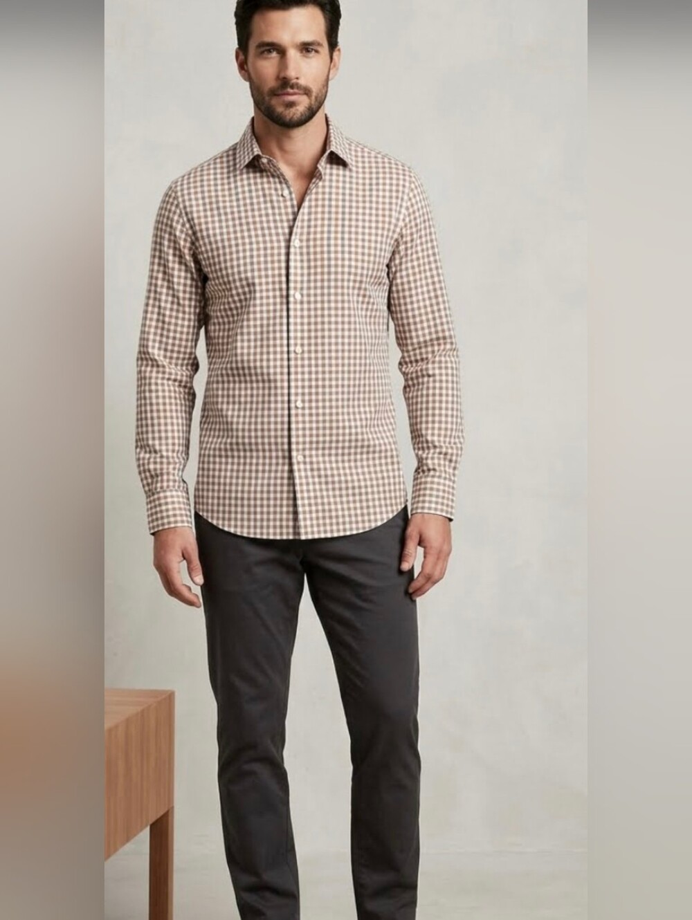 Banana Republic Men's Tan & White Gingham Button-Up Shirt